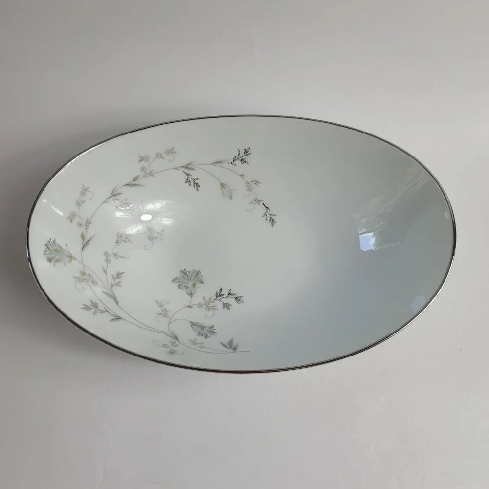 Noritake Valerie Oval Serving Bowl Blue Gray Floral Platinum Trim #5812